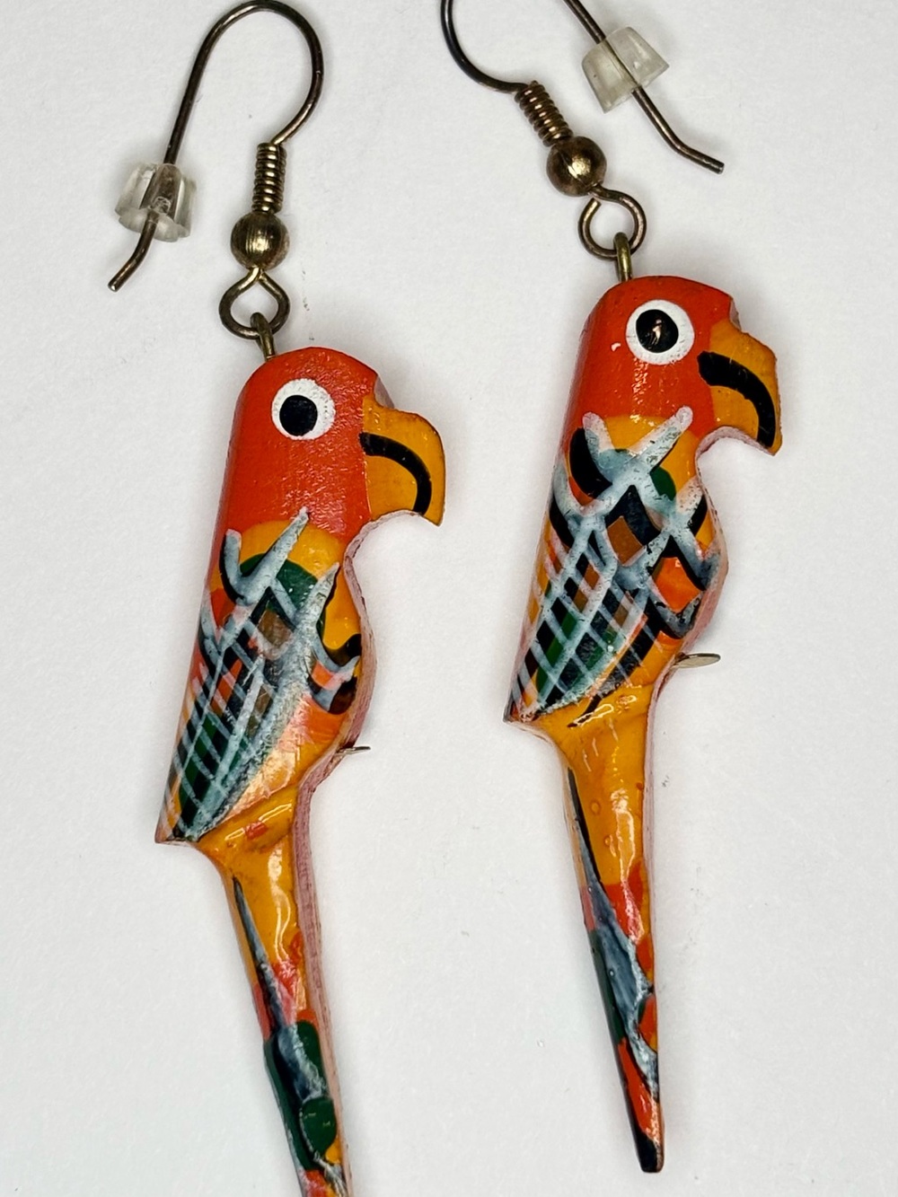 Vintage 1980’s Hand Painted Wood Parrot Dangle Earrings